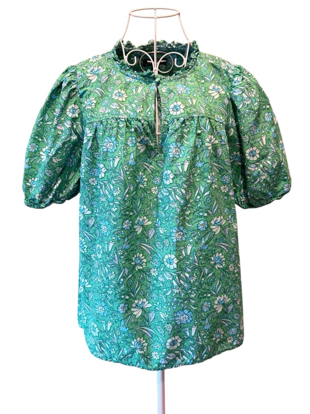 J.Crew Green Floral Cotton Puff Sleeve Ruffle Neck Blouse Top Size M